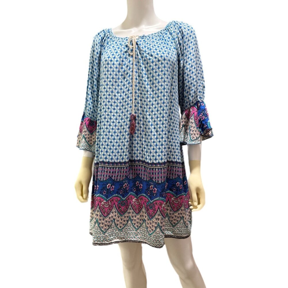 Umgee Women’s XL Floral Print Long Bell Sleeve Boho Mini Tunic Dress